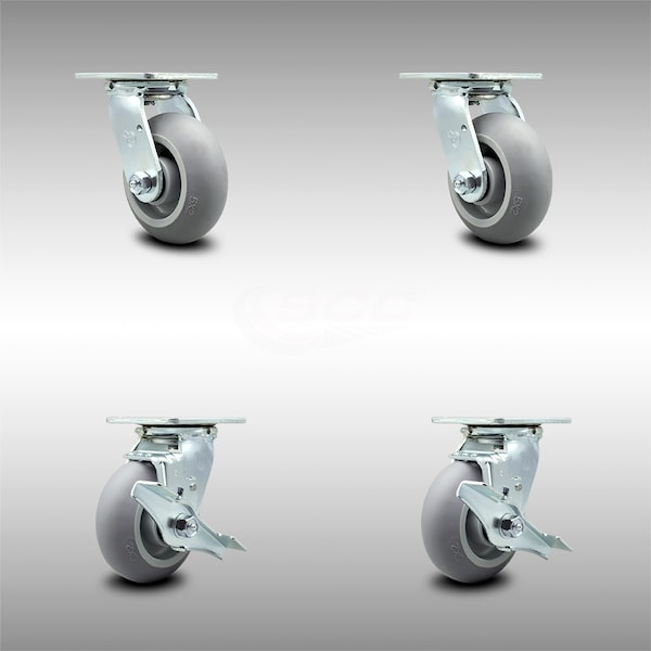 5 Inch SS Thermoplastic Rubber Swivel Caster Set with Ball Bearing 2 Brakes SCC
